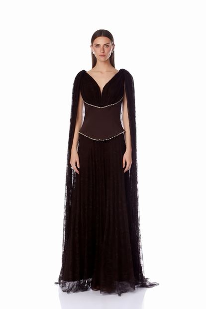 Kahverengi Dantel Pelerinli Abiye Elbise